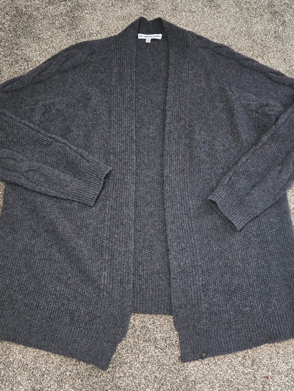 The Cashmere Project Charcoal Grey Cableknit Sleeves Open Cardigan Sweater L